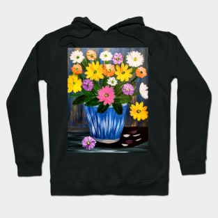 A beautiful bouquet flowers in a glass and gold vase . Using my favorite colors as vibrant background Using Acrylic and metallic paints. Hoodie